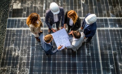 Poster - Diverse business professionals reviewing blueprints on solar panel rooftop during construction meeting