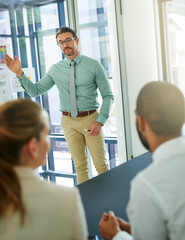 Poster - Businessman, talking or presentation on office glass wall for interior design teaching, feedback or information. Speaker, manager or training learning team on color chart in creative review workshop