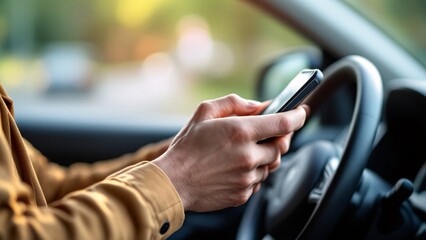 Side view of a Male driving car and texting on mobile phone