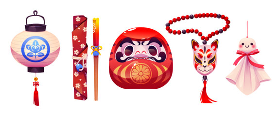 Japanese daruma toy and accessories set isolated on white background. Vector cartoon illustration of paper lantern, wooden sticks, traditional asian doll, cat sign on bracelet, travel souvenirs