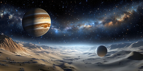 Wall Mural - a space scene with a large planet in the background and a smaller planet in the foreground. the sky 