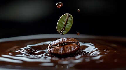 A green coffee bean falls into a pool of dark liquid, creating ripples and a splash of droplets.