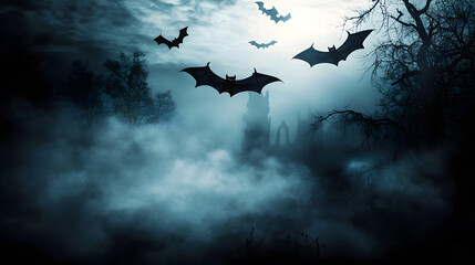 Wall Mural - Silhouettes of bats flying in dark, spooky and foggy night, Halloween or Friday the 13th concept.
