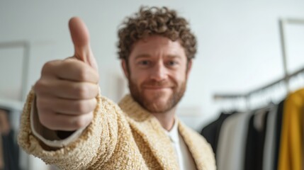 Stylish Personal Stylist Giving Thumbs Up in Trendy Boutique with Happy Clients - Ultra-Detailed Image of Fashion Advisor