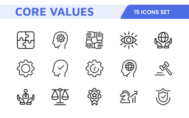 Core Values outline icons set. Core, values, business, leadership, goals, target, client, quality, success, responsibility and quality.