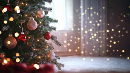 A tall Christmas tree adorned with glowing baubles and fairy lights sits in a cozy room on the left, with ample copy space on the right and a soft festive backdrop, perfect for holiday presentations.