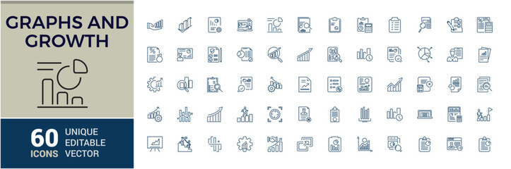 Poster - Graphs and Growth Analytics icons set. Diagrams, financial profits, progress. Vector illustration in modern thin line style of Chart icons.