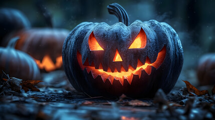 Wall Mural - A spooky carved pumpkin lantern with glowing eyes and mouth