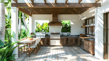 Wall Mural - A coastal outdoor kitchen featuring a white pergola, a built-in grill with a reclaimed wood surround, and a dining area with a driftwood table and slipcovered chairs