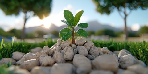 Canvas Print - Small Plant Growing Amidst Rocks and Grass at Sunrise