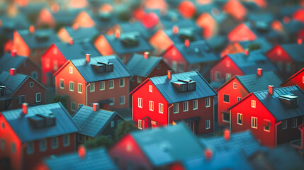 A concept where the bad houses among many houses are marked in red, 3d rendering