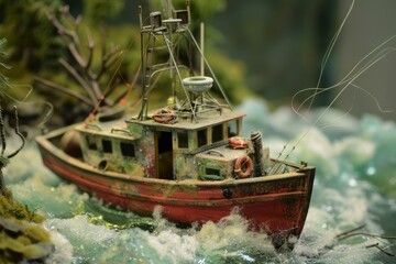 Diorama featuring a miniature fishing boat sailing on rough seas