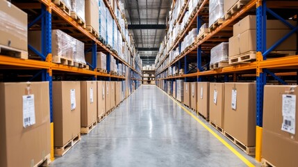 Cardboard boxes on shelves in a warehouse.