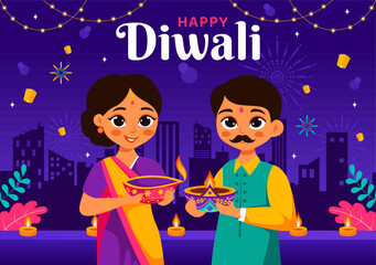 Wall Mural - Diwali Festival of Lights Vector Illustration featuring Traditional Indian Rangoli Decoration, Festive Lamp and Fireworks in a Holiday Flat Background