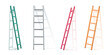 © klyaksun - 3d vector ladder leaning on white wall with shadow. Realistic illustration set of metal stepladder in different angles. building and renovation climbing aluminum construction. Portable steel staircase