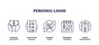 © VectorMine - Personal loans concept with icons for financial assistance, application process, and interest rates. Outline icons set.