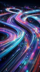 Poster - Neon light trails of a futuristic highway at night, vibrant colors and dynamic movement. Urban transport and technology concept