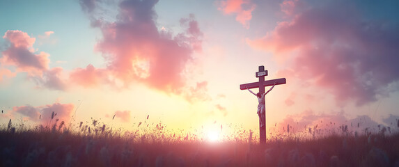 Poster - Silhouette jesus christ crucifix on cross on calvary sunset background concept for good friday he is risen in easter day, good friday jesus death on crucifix, world christian and holy spirit religious