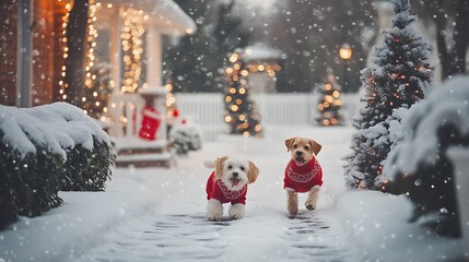 Dogs dressed in holiday sweaters playing in snow-covered yards with Christmas trees and festive lights adorning the scene happy holiday vibes 