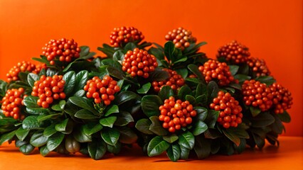 A close-up of a plant with red berries and green leaves against an orange background.