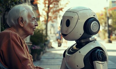 An elderly man interacts with a humanoid robot in a serene outdoor setting.