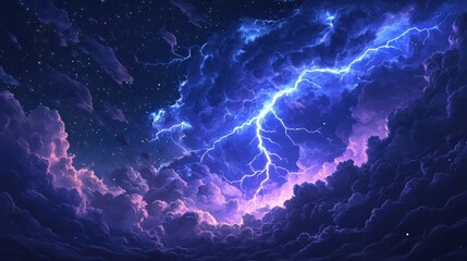 A single, massive lightning bolt piercing through storm clouds, lighting up the night sky with electric energy, creating a sense of awe