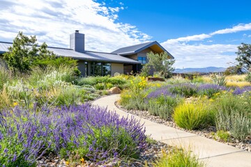 Wall Mural - Discuss the importance of eco-friendly landscaping in sustainable homes. Explore how native plants can reduce water use and support