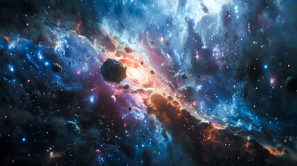 Abstract illustration of the cosmos on the theme of the origin of life in the universe with stars, comets and nebulae
