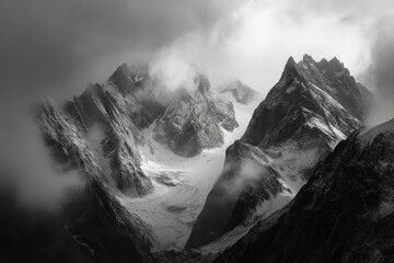 Wall Mural - dramatic black and white image of a snow-capped mountain range shrouded in mist and clouds.