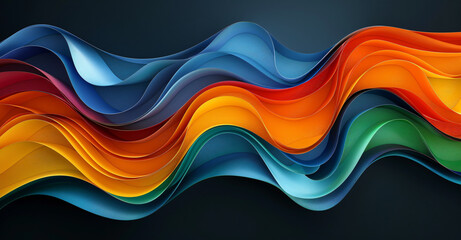 Poster - Abstract background with colorful ribbons on a dark blue background. Abstract wavy lines and stripes in orange, green and yellow colors. Vector illustration of multicolored paper quilling for a banner