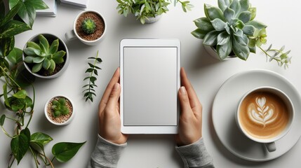 A mockup of a blank tablet held in hands with a white screen and table on background