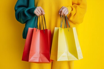 Closeup of two girl's hand holding purchase bags isolated on bright yellow background. concept of fashion, online shopping, salesperson, copy space ad, Sale offer, Black Friday, Shopping discount