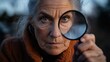 ©  Shomixer - A woman with a serious expression holds a magnifying glass close to her eye, showcasing curiosity and exploration, set against an outdoor background in soft focus.