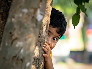 A curious child peeks from behind a tree, capturing a moment of playful innocence in nature.