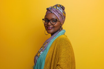 Wall Mural - A woman wearing a colorful scarf and glasses is smiling at the camera