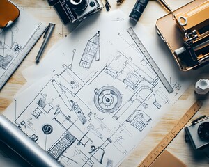 17. Individual sketching out career aspirations with professional equipment like rulers, pens, and tech gadgets scattered around, creative workspace 