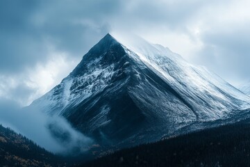 Wall Mural - a majestic snow-capped mountain peak rises above a misty forest, bathed in a soft light from a break
