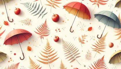 Fototapete - A simple, empty white wallpaper pattern with minimal colorful umbrellas, fern leaves, and red apples, viewed from the side, in fall colors with open space in a soft, watercolor style.