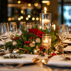 Elegant Christmas Table Setting with Festive Candlelight and Decorations