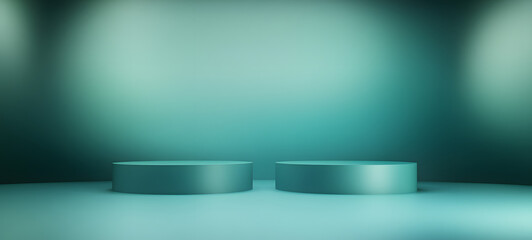 Wall Mural - Abstract pastel cyan color and gradient light background with studio table backdrops display product design. Blank green empty space room showing. Blur 3D render podium stage vector texture pattern