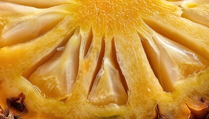 Poster - Ultra-Detailed Macro Shot of a Pineapple Slice Highlighting the Vibrant Yellow Core, Juicy Fibers, and Natural Texture for Tropical Fruit, Nutrition, or Healthy Lifestyle Concepts