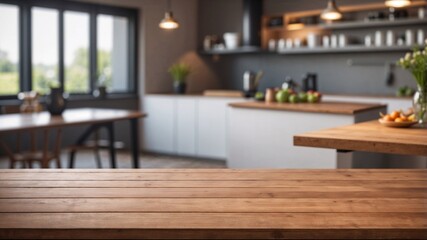 wooden dining table for product presentation in a kitchen or restaurant with chairs and tables