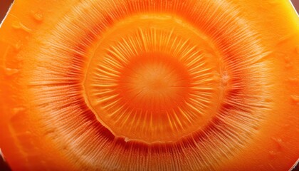 Poster - Close-up of a Fresh Carrot Slice Revealing Vibrant Orange Color and Detailed Fibrous Texture. Perfect for Concepts of Health, Nutrition, Natural Patterns, and Fresh Produce in Food Photography