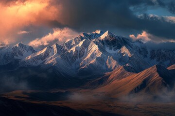 Wall Mural - majestic snow-capped mountain range with dramatic clouds at sunset.