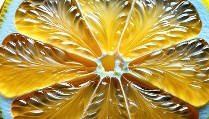 Poster - High-Definition Macro Shot of a Glowing Citrus Slice Showcasing Intricate Pulp Structure and Translucent Fibers in Vivid Detail. Perfect for Wellness, Nutrition, and Organic Food Campaigns
