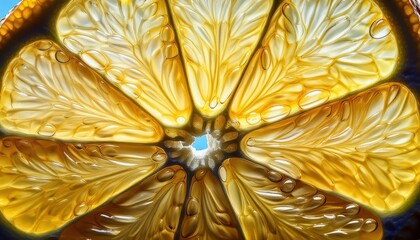 Poster - High-Definition Macro Shot of a Glowing Citrus Slice Showcasing Intricate Pulp Structure and Translucent Fibers in Vivid Detail. Perfect for Wellness, Nutrition, and Organic Food Campaigns