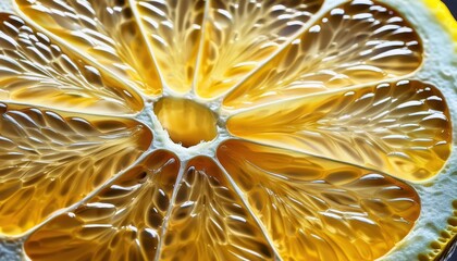 Poster - High-Definition Macro Shot of a Glowing Citrus Slice Showcasing Intricate Pulp Structure and Translucent Fibers in Vivid Detail. Perfect for Wellness, Nutrition, and Organic Food Campaigns