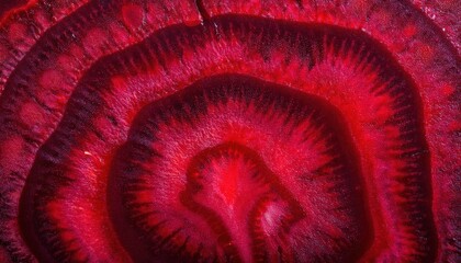 Poster - Close-Up of Sliced Beetroot with Intricate Concentric Rings, Highlighting Vibrant Red and Purple Hues with Detailed Organic Texture, Ideal for Food, Health, or Nature Concepts