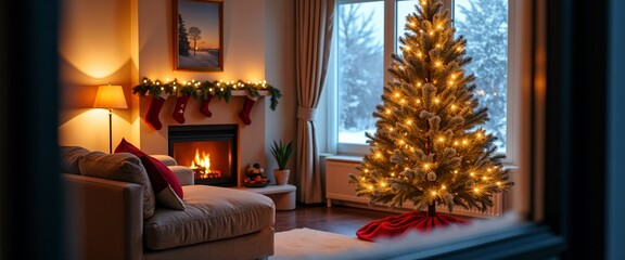 A warm, festive living room with a Christmas tree, cozy fireplace, and wrapped presents.