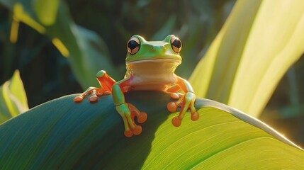 A green tree frog with large eyes sits on a broad green leaf in the rainforest. The frog's skin is a vibrant green with orange accents. The rainforest background is out of focus.